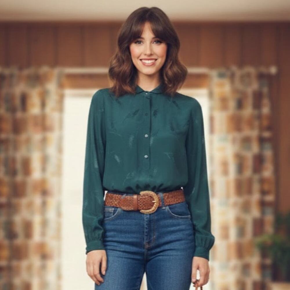 Vintage 70s Rag O Muffin Satin Blouse Teal Wheat Womens M Romantic Hippie